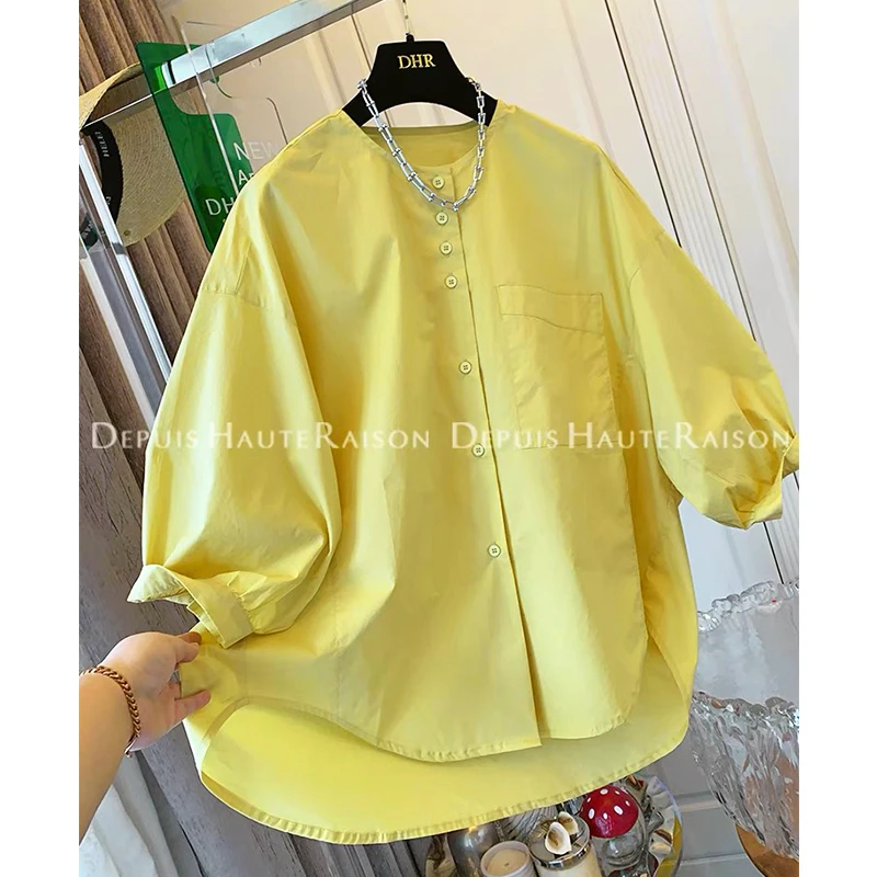 独特超好看法式气质圆领短袖衬衫宽松大版上衣女2025春夏新款