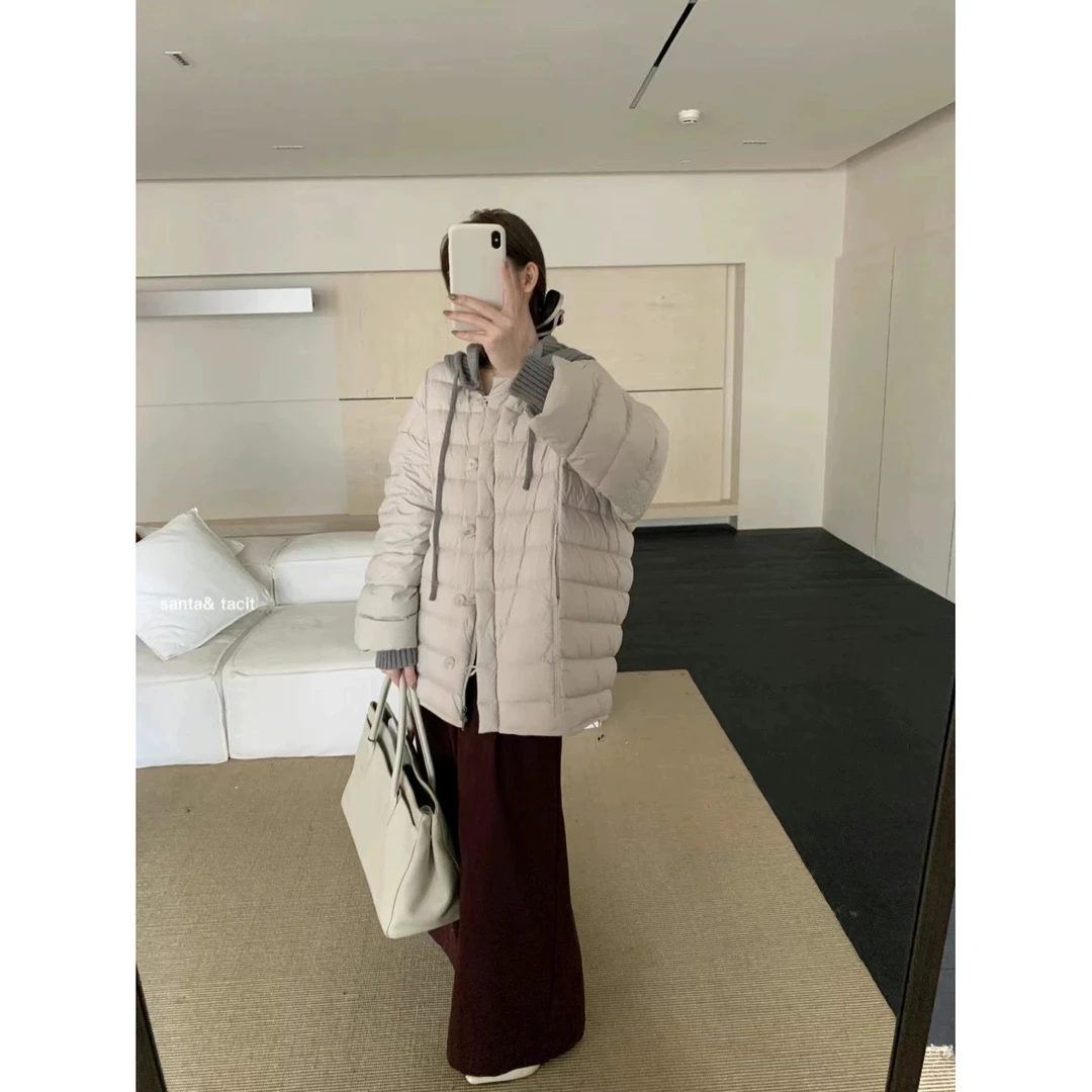 波司登极地韩系超轻薄羽绒服女中长款针织连帽拼接小个子白鸭绒加