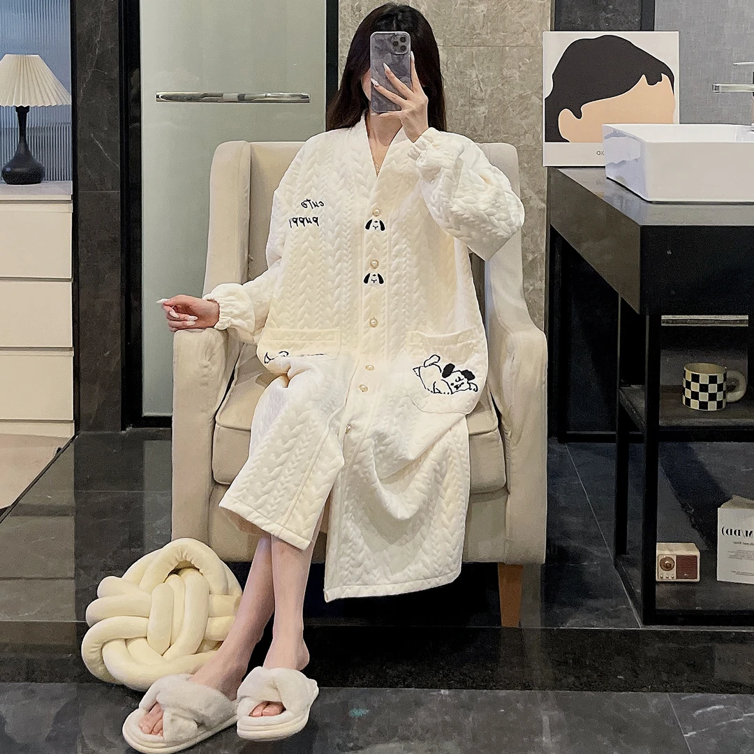 睡裙女春秋季睡衣长袖空气棉夹层睡袍2025新款冬天小狗大码家居服