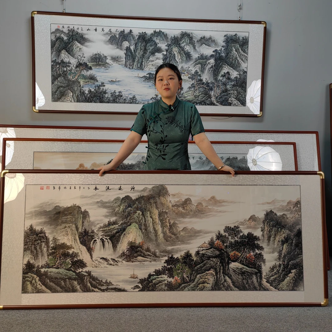 纯手绘源远流长208*86山水画中国画字画直播间