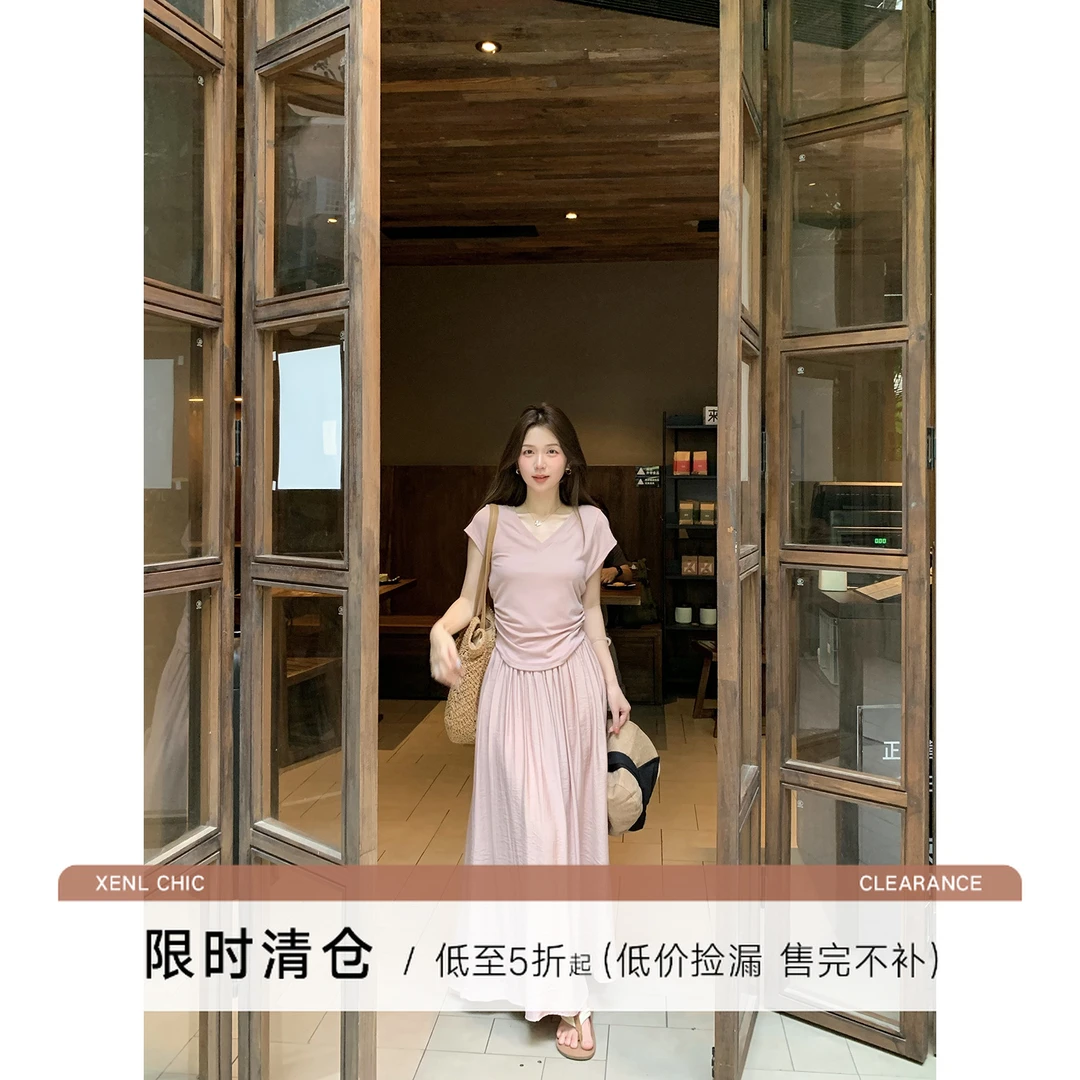 清华陳文文【冰雾沁粉】夏季温柔风极简套装掐腰上衣半裙两件套0126