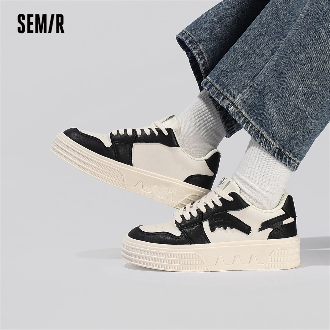 SEMIR米黑板鞋春季新款超纤皮圆头舒适百搭运动鞋女款休闲鞋3209
