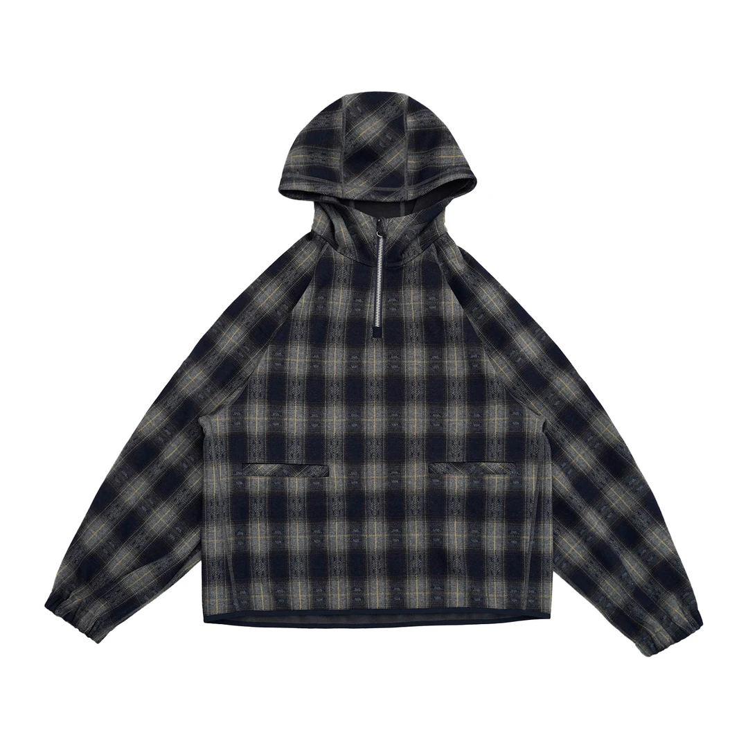 设计师原创时尚简约宽松舒适格子撞色连帽加绒休闲卫衣-Z354261