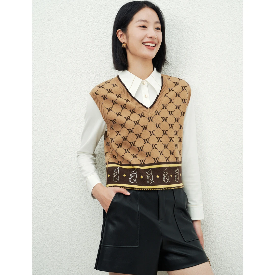 【晨粉专享价】2024秋冬款通勤时尚简约百搭格V领纹针织背心女