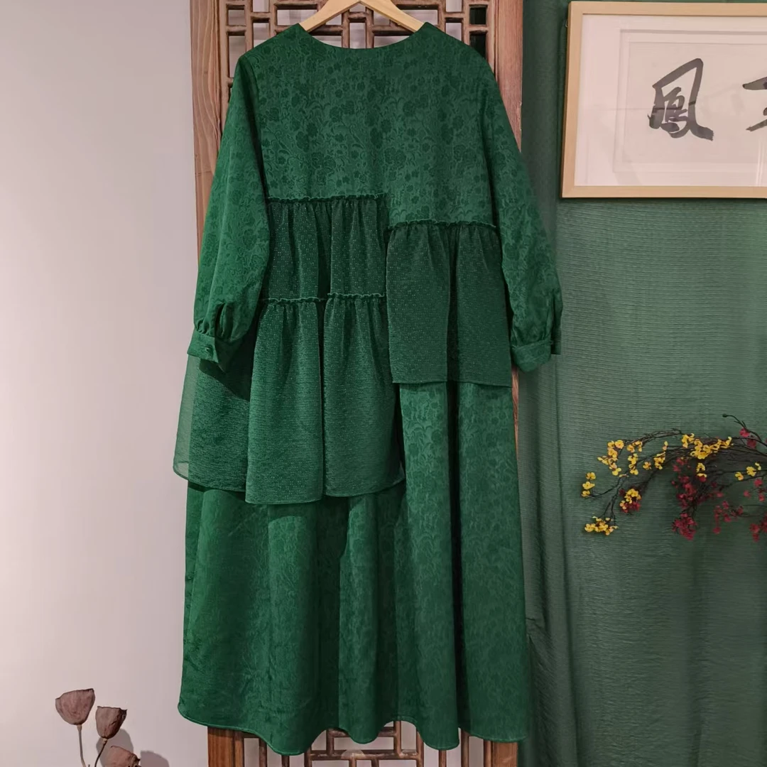 凤徕兮私人定制绿色暗纹花拼接绿纱边圆领连衣裙（等太阳）