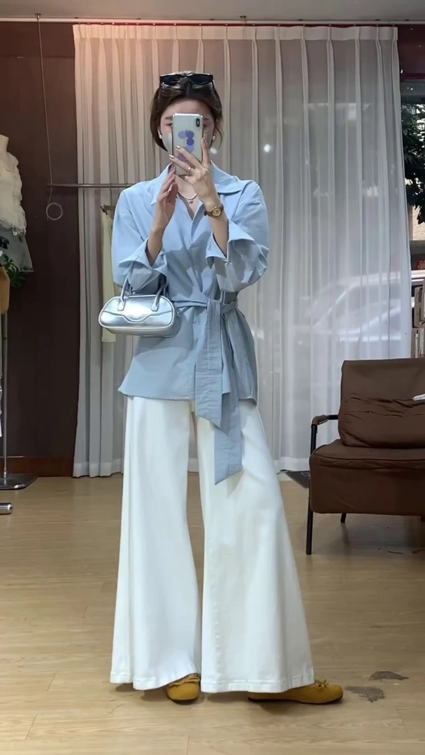 轻奢高级感系带衬衫女2025春夏新款高腰白色微喇牛仔裤两件套女潮