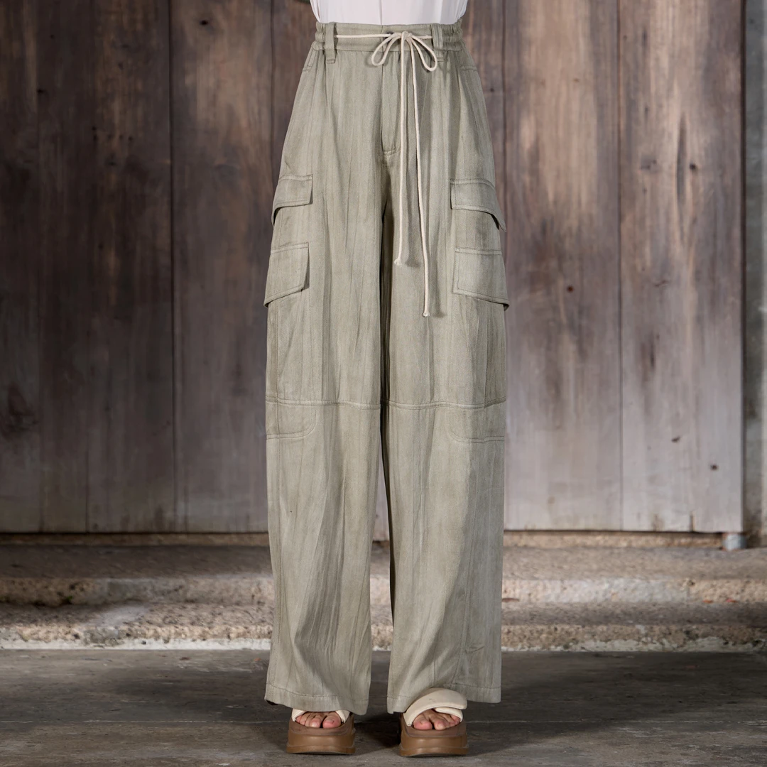 界内界外文艺日系工装裤复古宽松长裤做旧高腰休闲拖地裤J43K7175