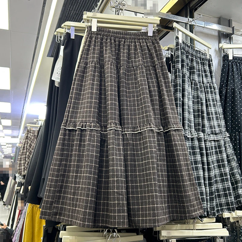 复古格纹木耳边拼接半身裙女秋冬新款高腰显瘦A字裙中长款蛋糕裙