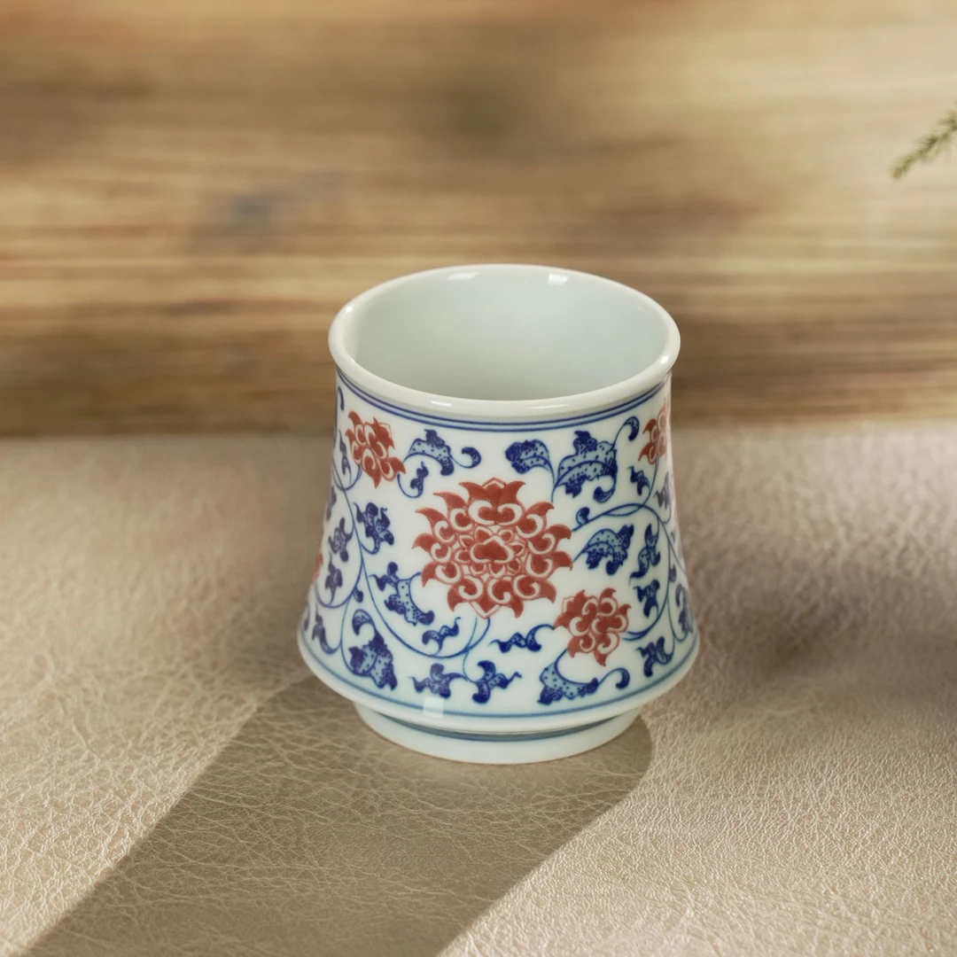 南山先生 青花釉里红缠枝马蹄杯 景德镇手绘缠枝莲陶瓷茶杯主人杯