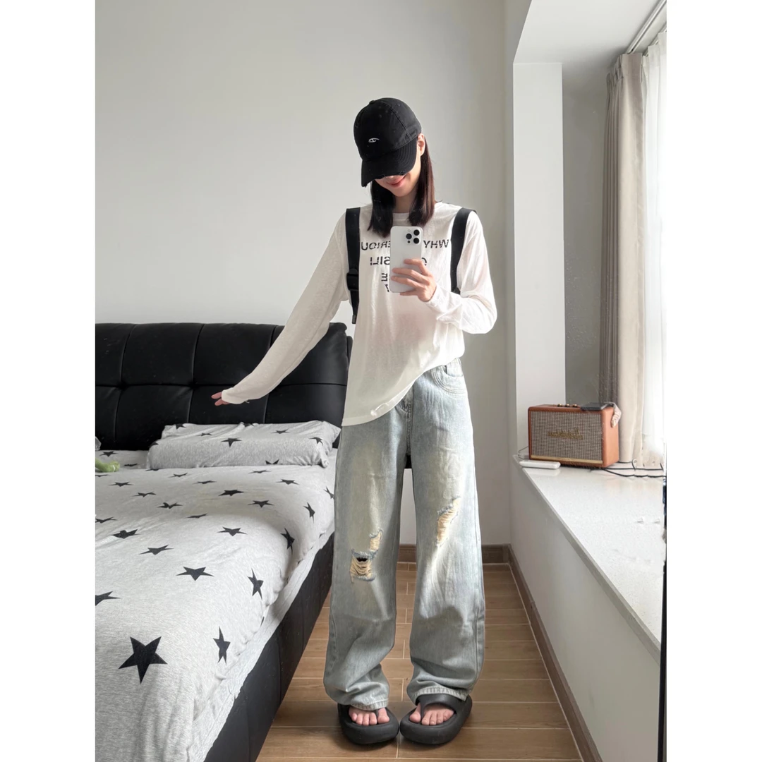 2025韩版宽松做旧破洞牛仔裤拖地慵懒休闲百搭夏季牛仔裤清仓002