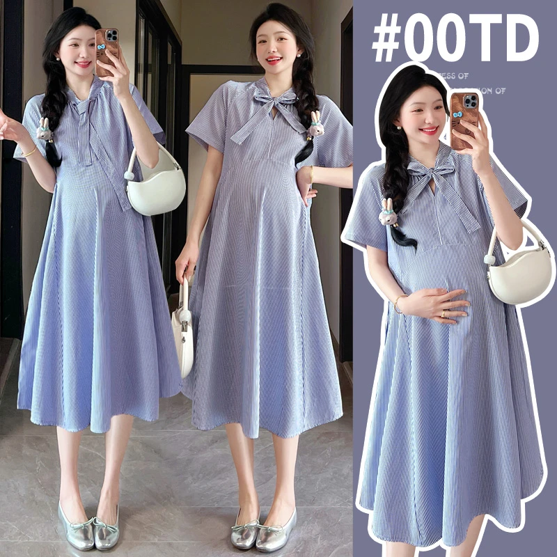 现货新品！韩系条纹系带显瘦时尚气质遮肉款孕妇夏季大码连衣裙