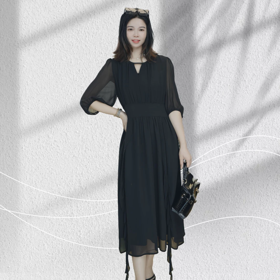 清仓福利+大码连衣裙新款法式赫本风小黑裙气质收腰遮肚减龄裙子