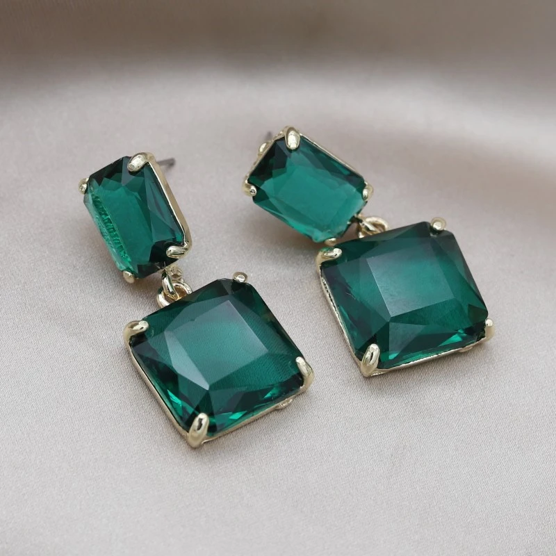 合金合成锆石耳饰 简约几何方形水晶吊坠女耳环钢针