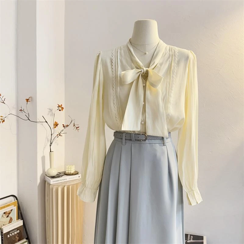 法式温柔风系带蝴蝶结长袖衬衫女2025春减龄飘带衬衣洋气小衫上衣