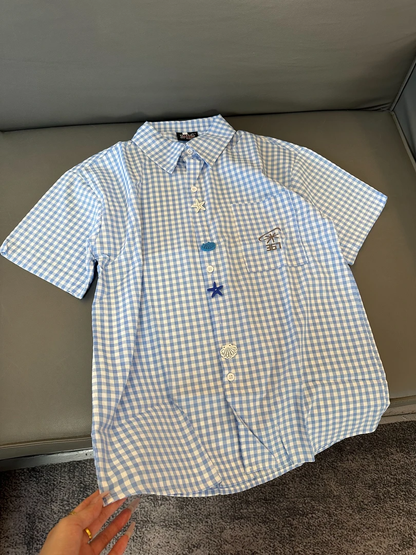 T0010 美式学院风休闲短袖衬衫百搭格子