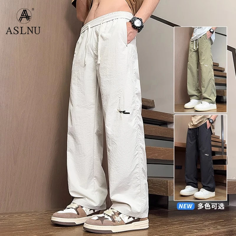 夏季美式休闲裤男生宽松工装运动冰丝速干薄款阔腿直筒裤子男款潮