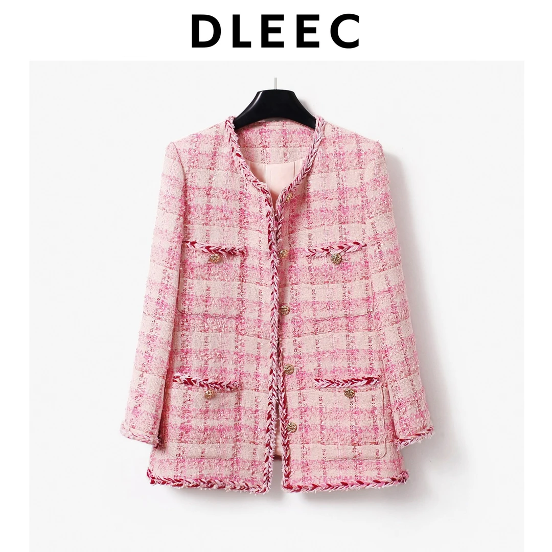 DLEEC 原创设计绝美超仙粉色格纹小香风中长款外套洋气通勤上衣