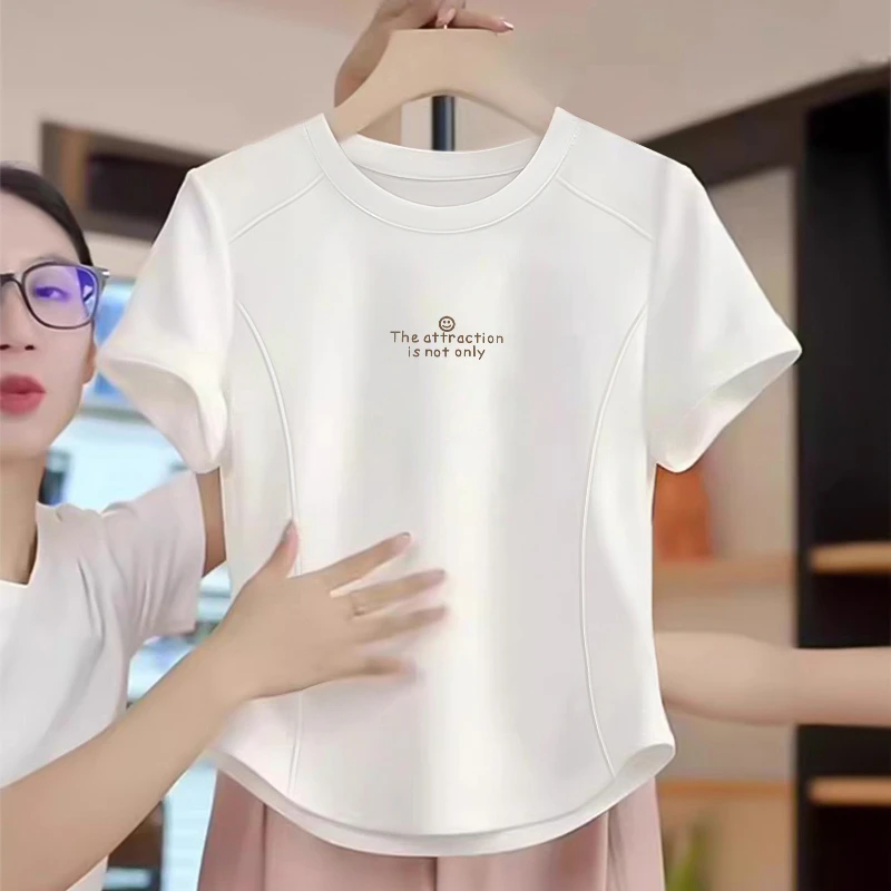 白色短袖t恤女款2025新款夏季纯棉打底衫短款不规则显瘦鱼骨上衣