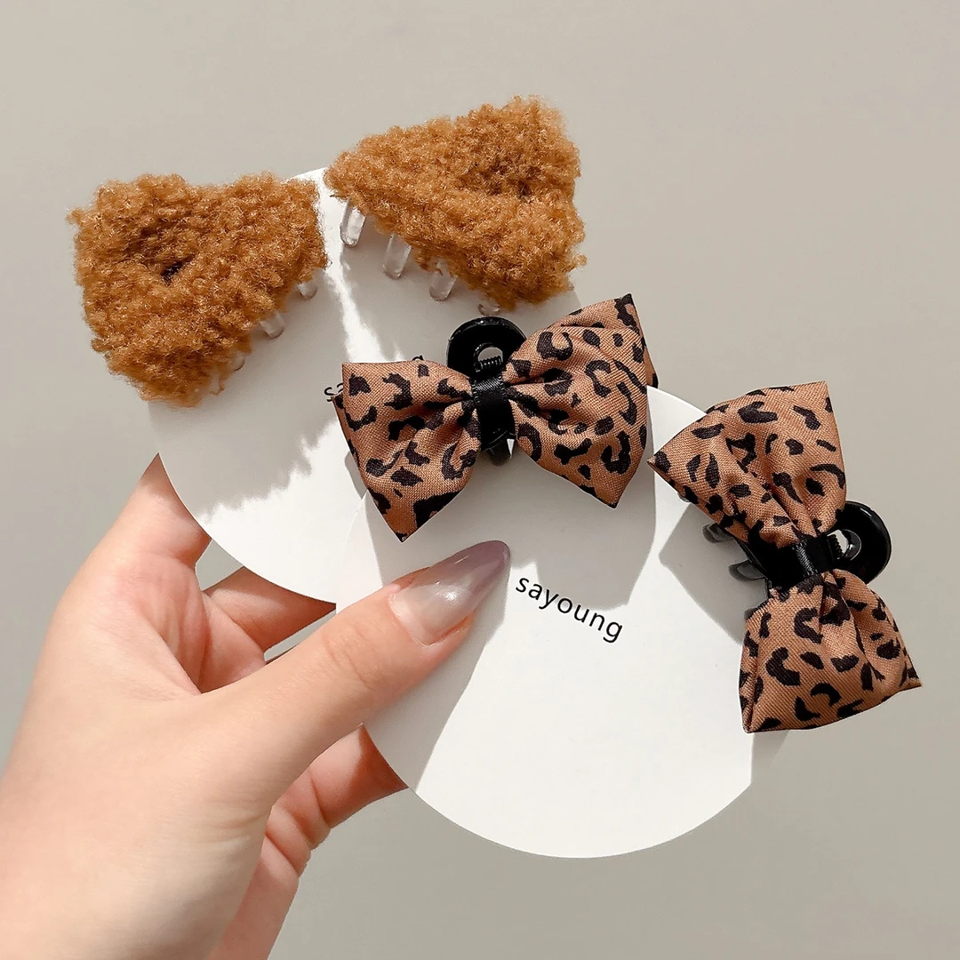 豹纹蝴蝶结小抓夹女高级感发夹侧边刘海夹公主头顶夹会动呆毛发夹