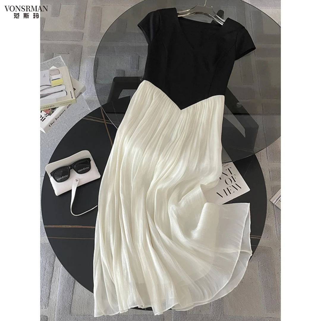 法式v领短袖连衣裙女性夏季新酷皇家姐妹风格拼接腰黑色裙子女士v