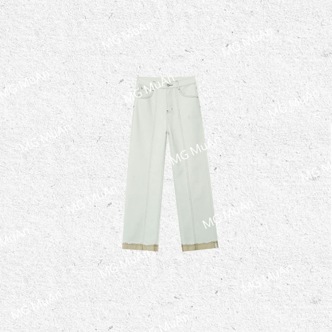 【结构白牛】MUAN定制翻边白色结构感长裤阔腿裤高腰显瘦女F8-11170