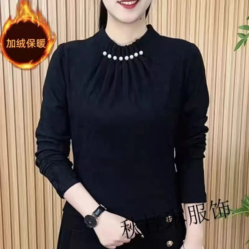 2025春秋新款洋气串珠圆领褶皱提花弹力棉一体绒保暖小衫显瘦上衣
