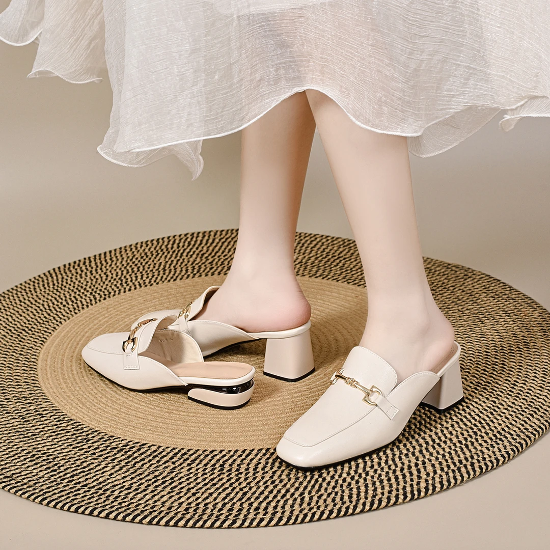 【数兰朵专属】真皮拖鞋新款百搭软底方头qb25-5-6