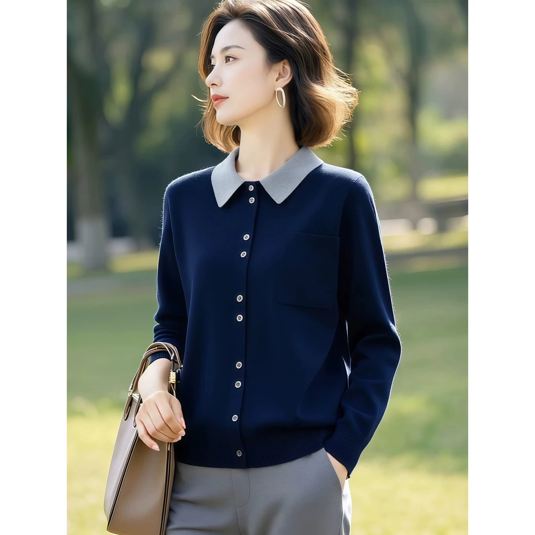 秋装新款针织衫套头女翻领拼接