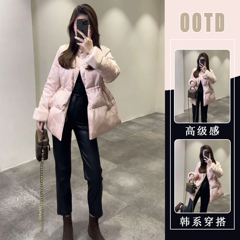 新中式国风棉服女2025冬季款洋气独特别致中长款收腰粉色棉袄外套