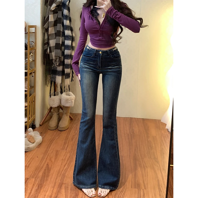 重工设计蓝色微喇牛仔裤女2025年秋季新款高腰显瘦翘臀喇叭长裤