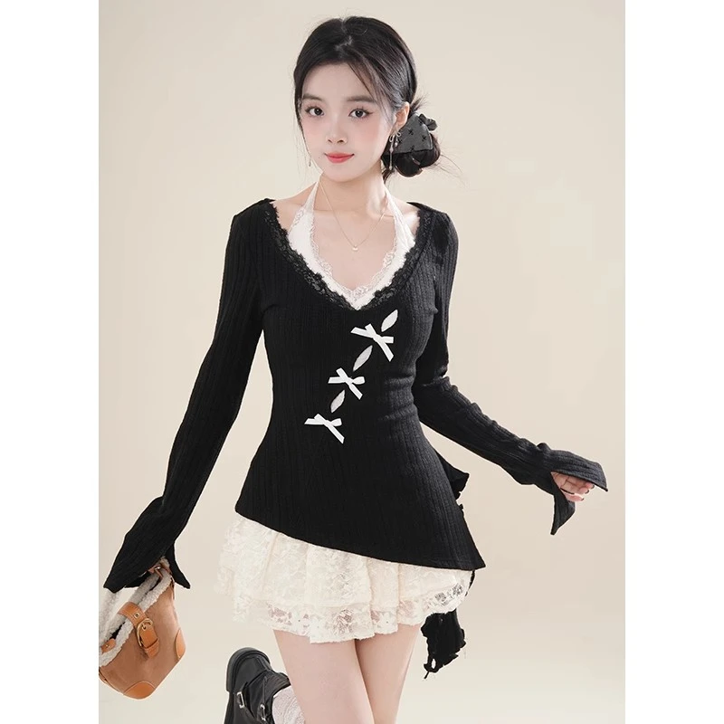 早春秋穿搭小个子纯欲风高级感长袖罩衫蕾丝挂脖背心连衣裙两件套