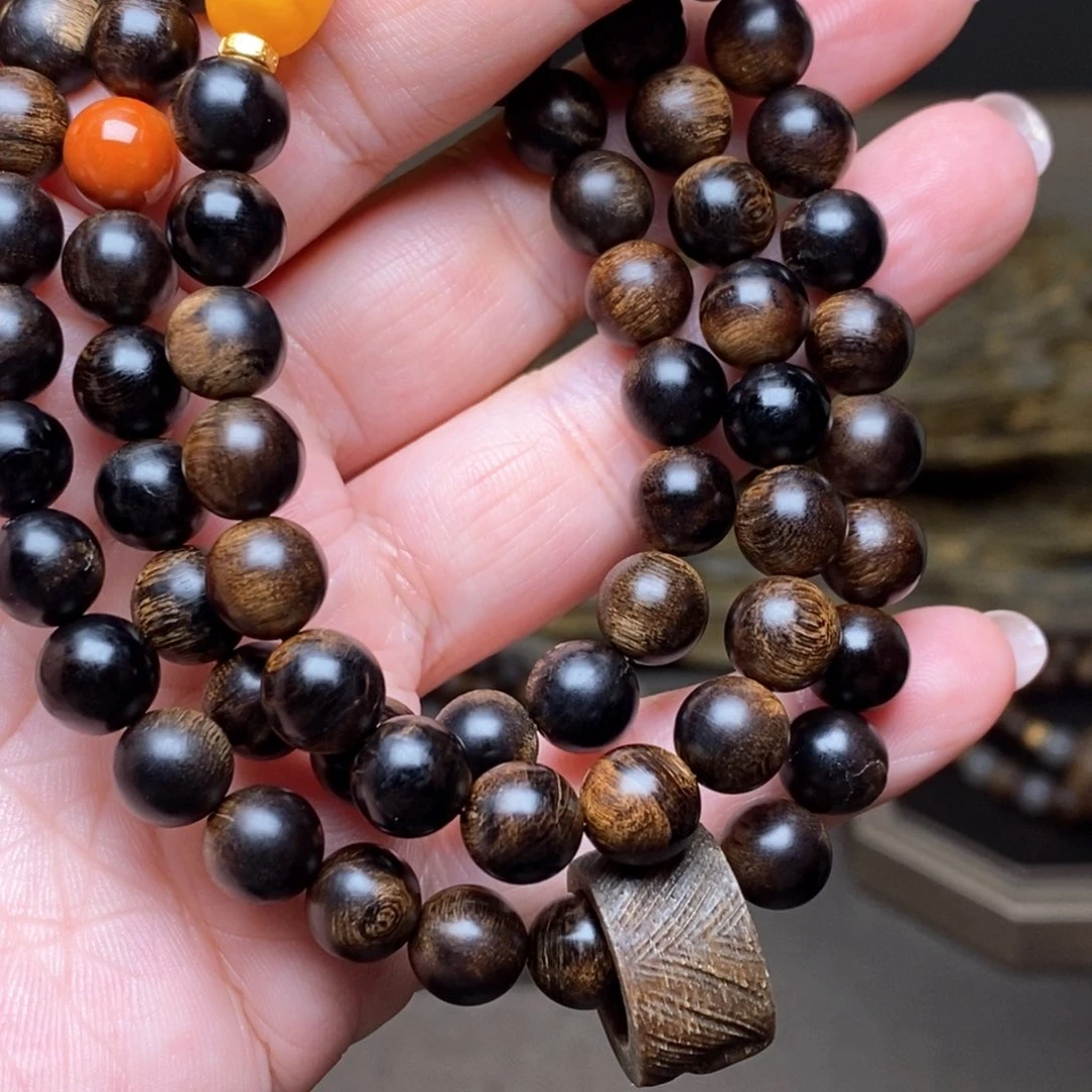 沉香手串越南芽庄白棋楠帝王瘤疤08➕无相佛沉香木雕