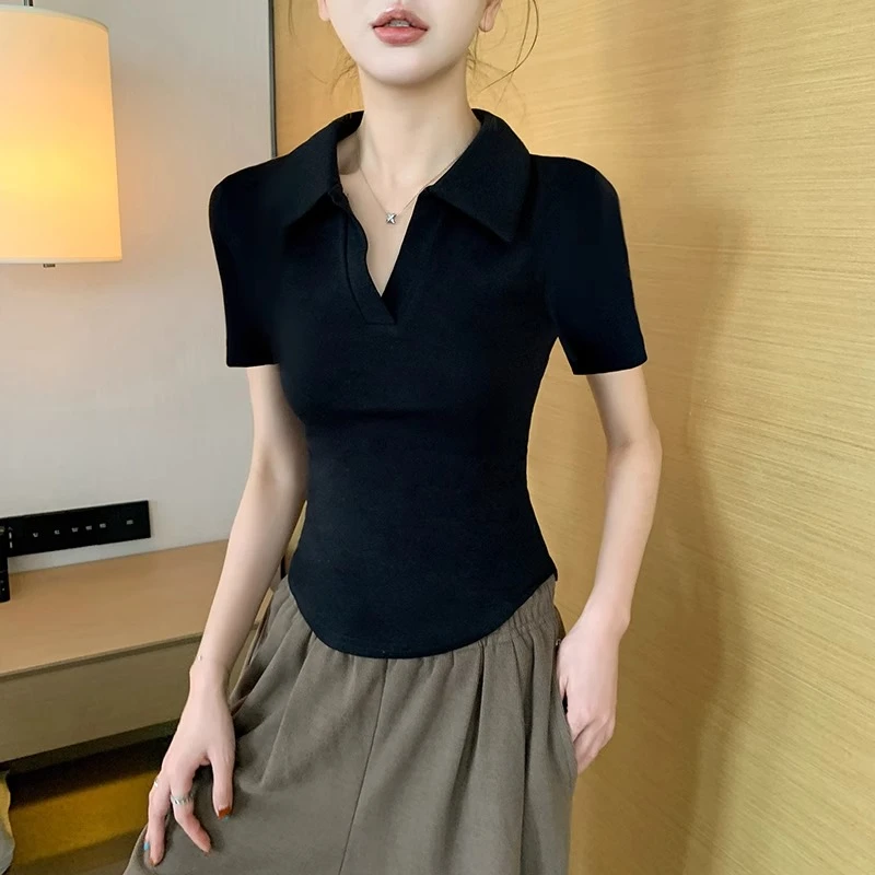 黑色POLO领短袖t恤女夏2025新款设计感弧形下摆小众修身显瘦上衣