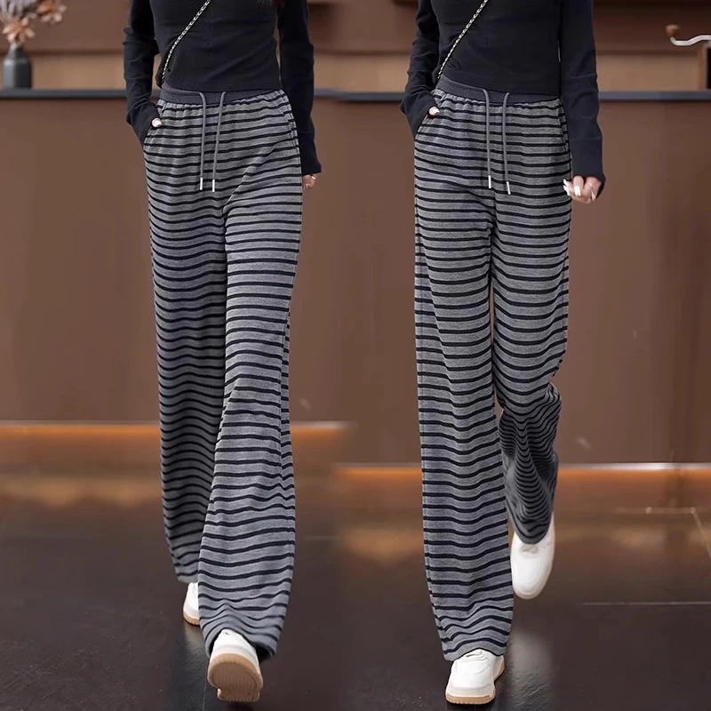 条纹阔腿裤女2025春秋季新款高腰宽松垂感运动休闲慵懒风直筒裤子