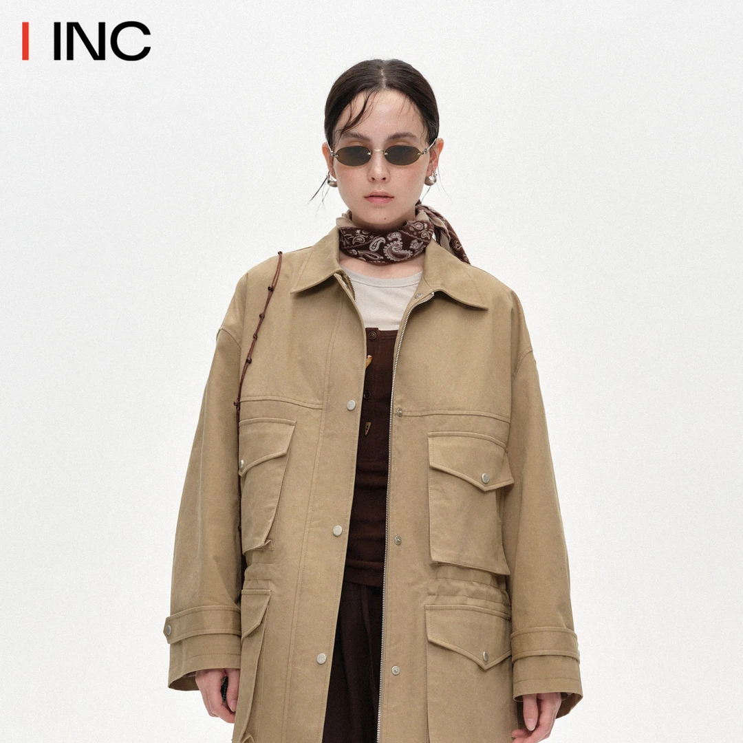 VENALABEL 复古拼接风衣女25AW秋冬新款卡其翻领多口袋外套IINC