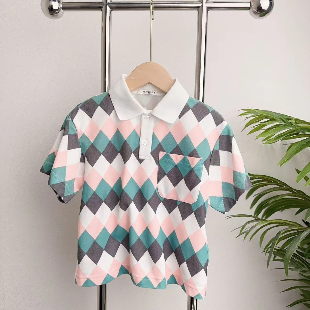 【B096】绿色粉格短袖POLO衫B6-2