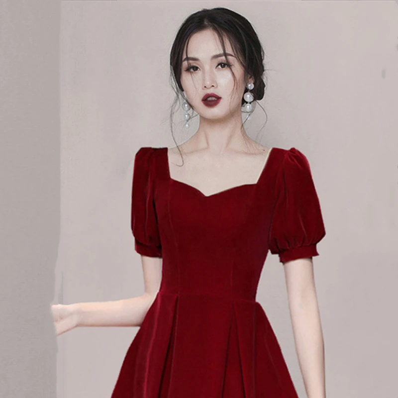 敬酒服新娘平时可穿夏季结婚礼服酒红色回门订婚显瘦丝绒连衣裙