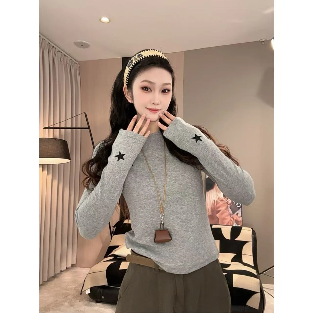 【糖灵】-秋冬「五角星」刺绣图案慵懒松弛感休闲内搭长袖T恤3150