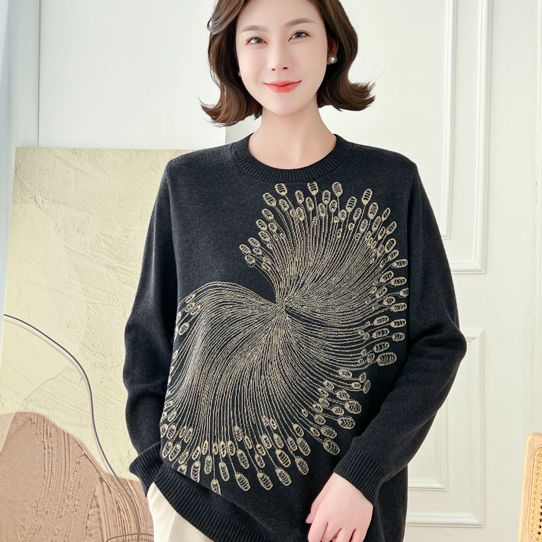 7768 新款时尚百搭宽松圆领提花长袖桑蚕丝羊毛秋冬女士毛针织衫
