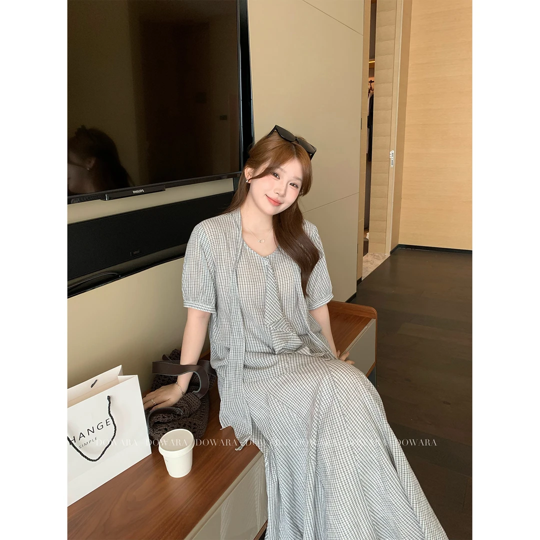 现货8313D大婉酱微胖定制夏季设计感衬衣半裙女复古格子短袖套装