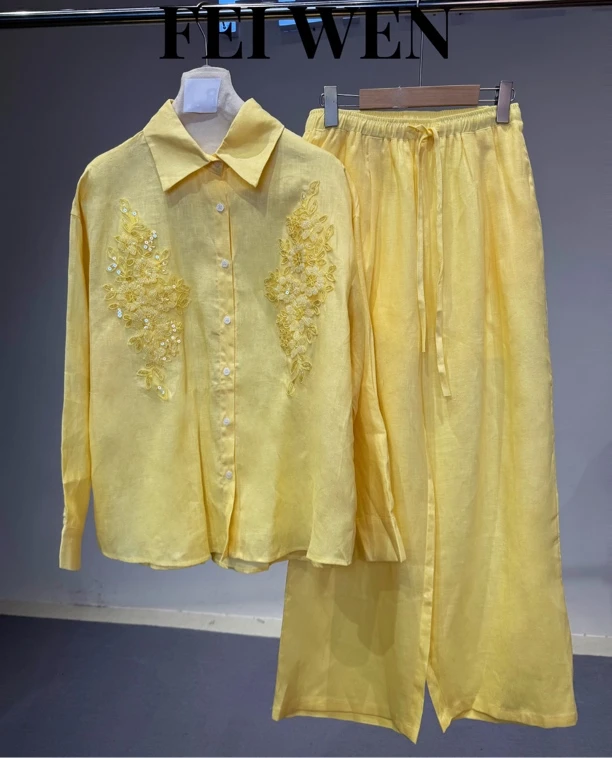 2025春夏新款重工亮片亚麻刺绣衬衫长裤两件套装女夏装时尚气质