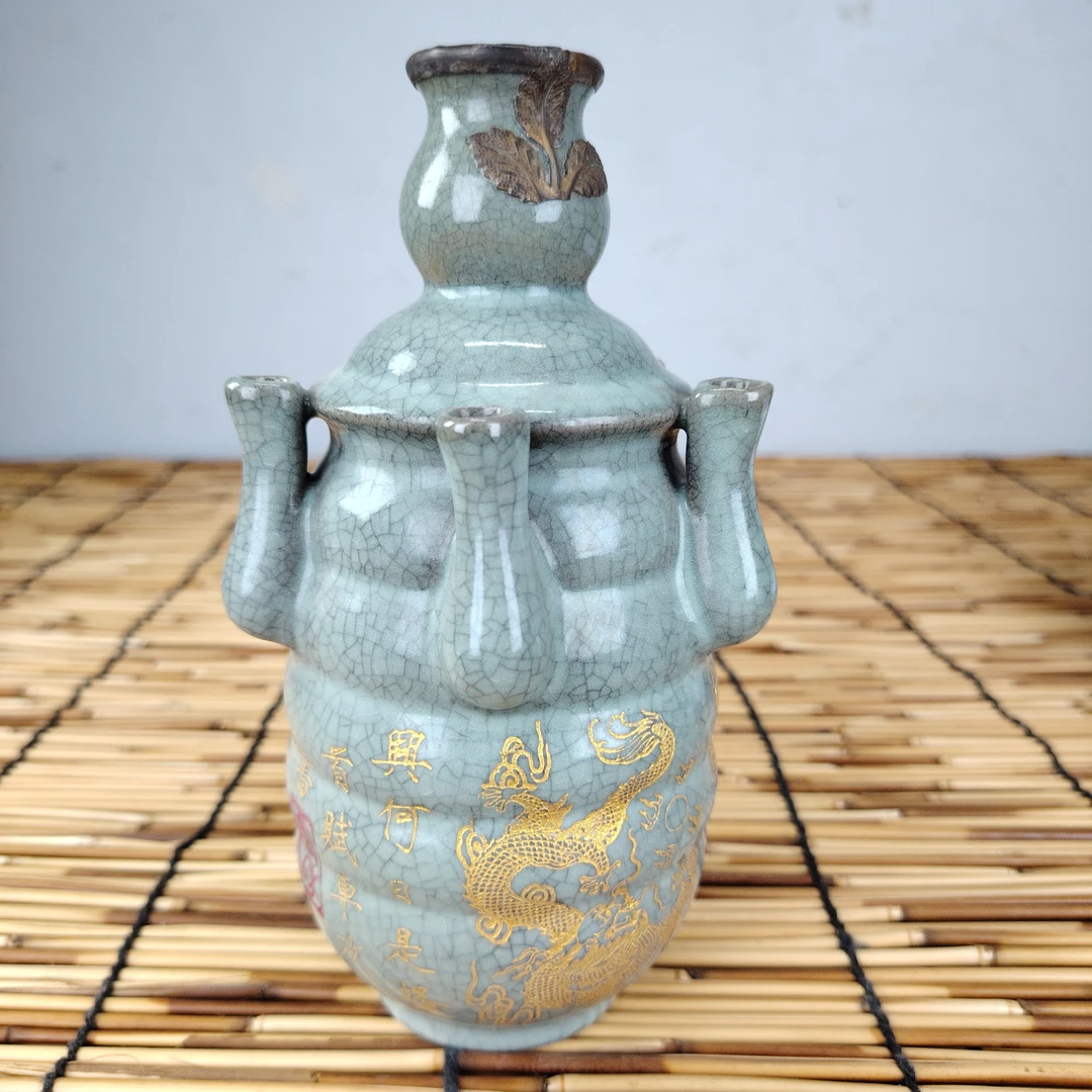 汝窑描金手工包铜口五管瓶#高端收藏