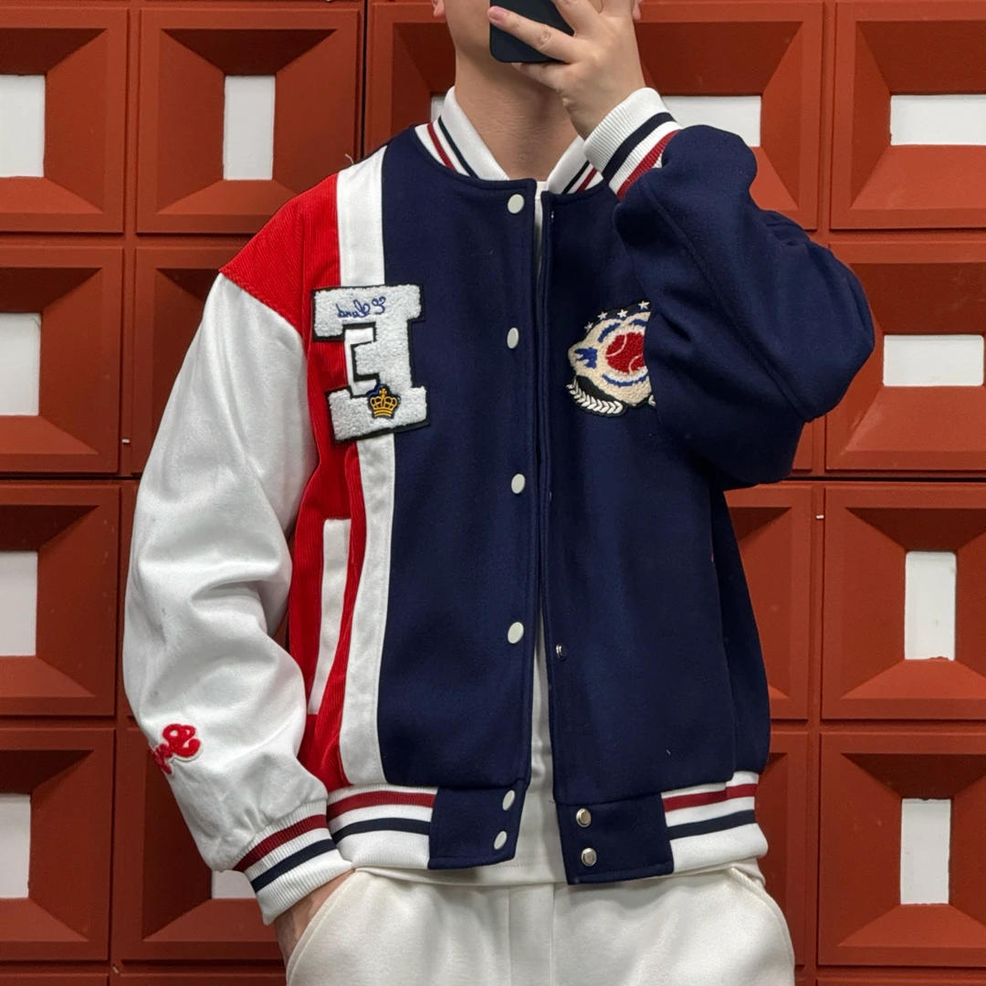 2025HKNB春季新款经典美式情侣运动复古刺绣潮流拼接撞色棒球夹克