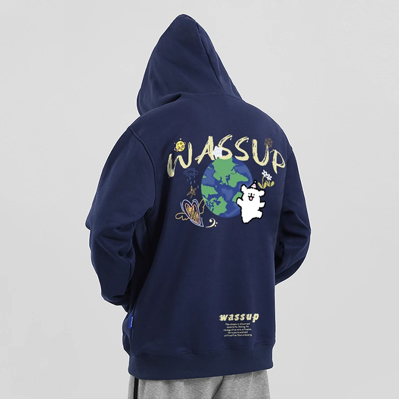 WASSUP欢乐小狗重磅卫衣男连帽秋冬宽松休闲潮流百搭情侣上衣外套