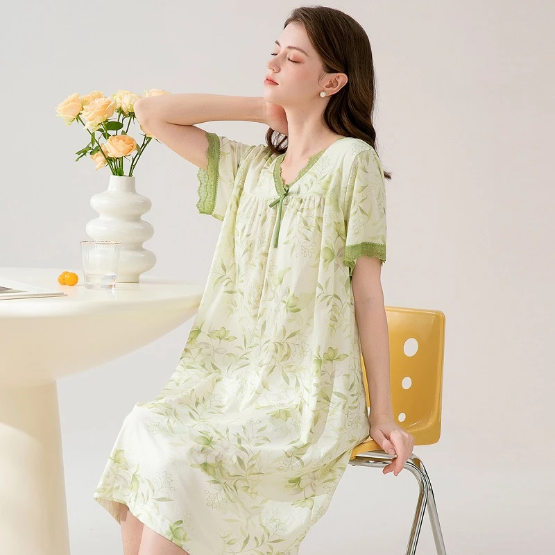 芬腾【植物花卉】短袖夏季舒适纯色连衣裙甜美格子睡裙睡裙外穿夏天