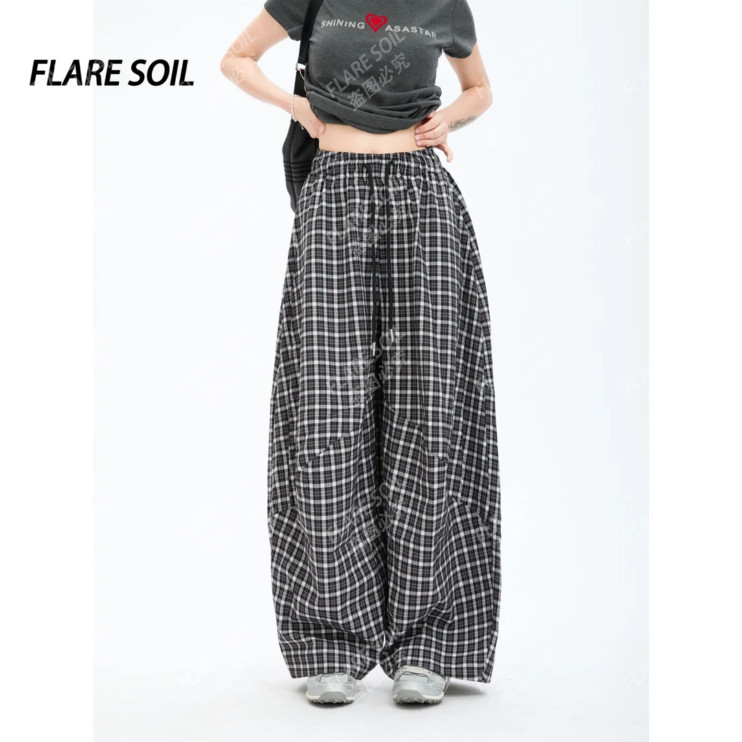 【FLARE SOIL】(现货) 松紧腰格子系列设计师小众宽松阔腿裤 T4429B