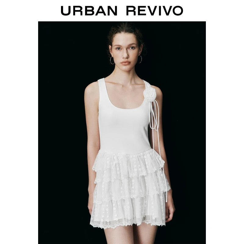 UR2025春季新款女芭蕾风拼接蕾丝修身无袖收腰连衣裙UYU750012