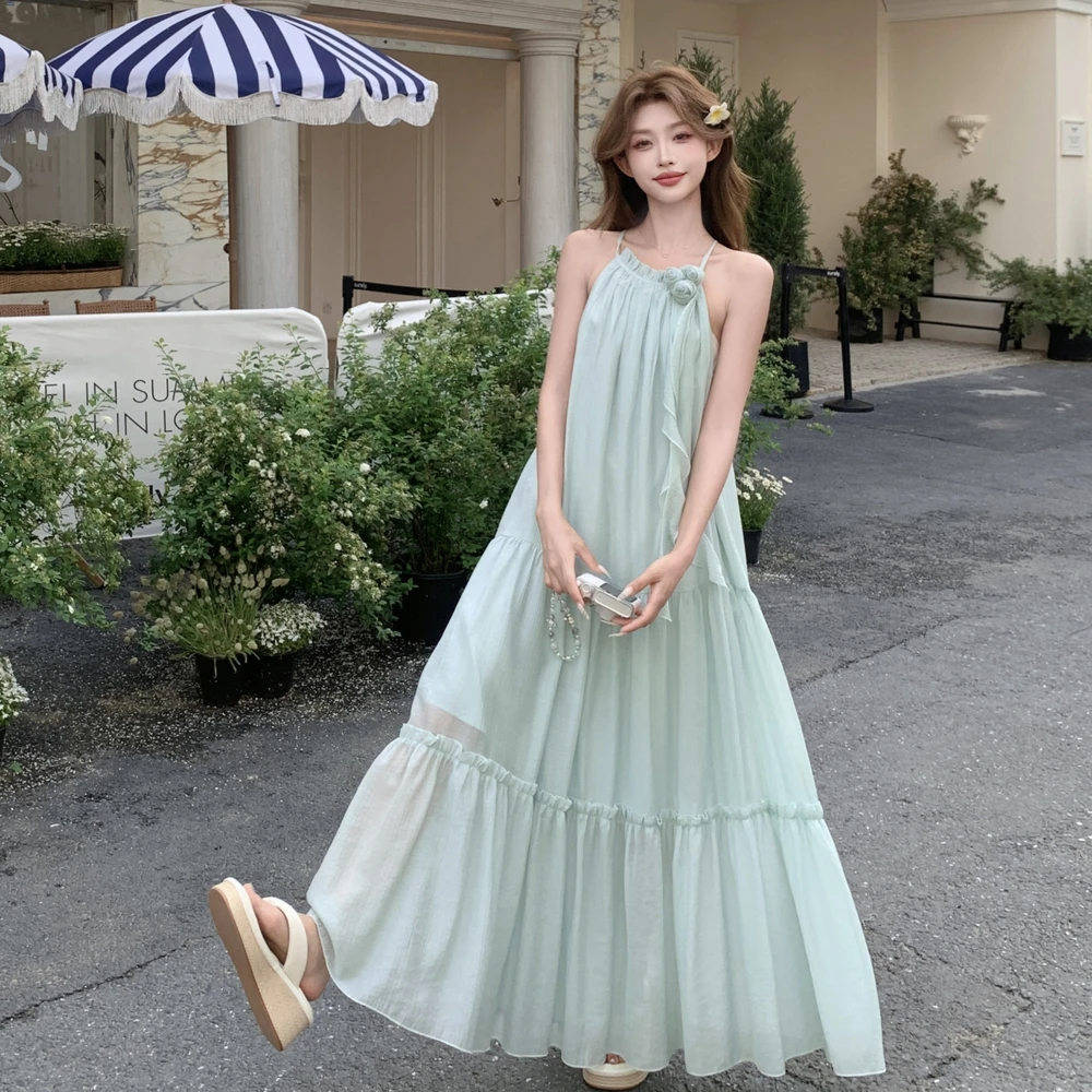 夏季时尚无袖长裙连衣裙蓝色沙滩露背绝绝子吊带连衣长裙气质优雅