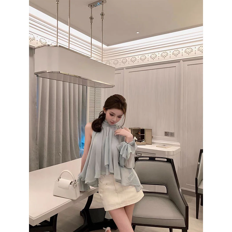 夏季新款立领宽松慵懒风挂脖性感露手臂飘带衬衫修身百搭短裙套装