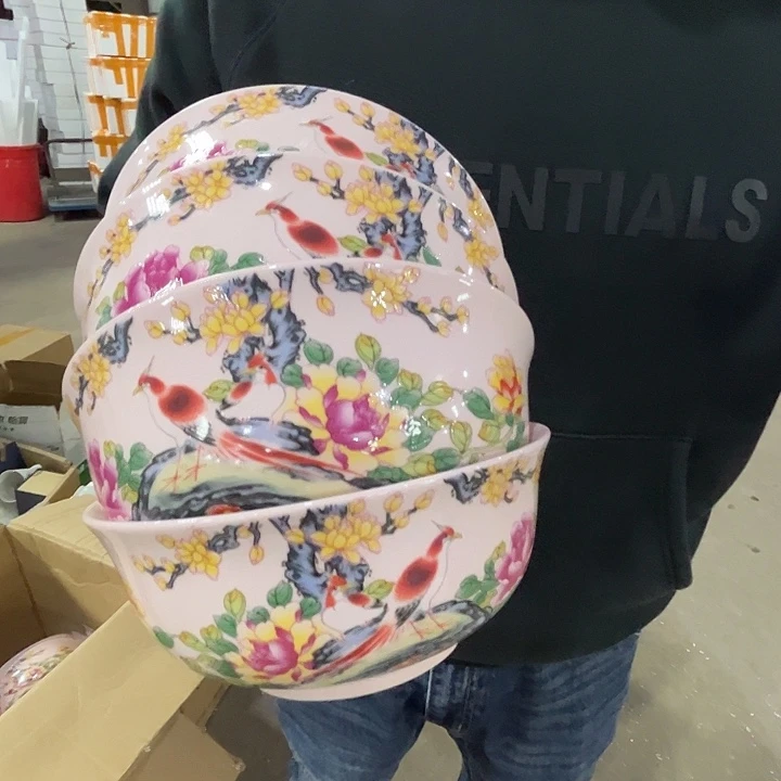 瓷片景德镇陶瓷红嘻嘻对鸟6寸面碗4只